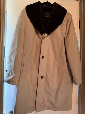 Vintage Grodins California Men’s Trench Coat 38 Faux Fur Lining Beige Retro
